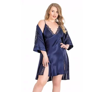 Ahu 6159 Büyük Beden Lacivert Kısa İkili Saten Sabahlık Gecelik Takımı