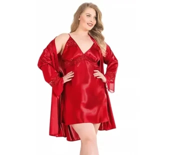 Ahu 6160 Büyük Beden Kırmızı Kısa İkili Saten Sabahlık Gecelik
