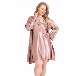 Ahu 6161 Vizon Büyük Beden Kısa İkili Sabahlık Gecelik Takımı