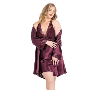 Ahu 6162 Mürdüm Büyük Beden Kısa İkili Saten Sabahlık Gecelik Takımı