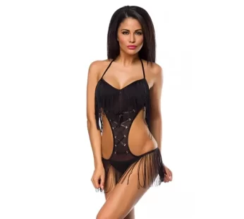 For Dreams Siyah Babydoll Transparan Püsküllü Fantazi Kostüm 8012