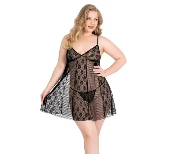 Primoda Büyük Beden Siyah Kısa Tül Gecelik 3032