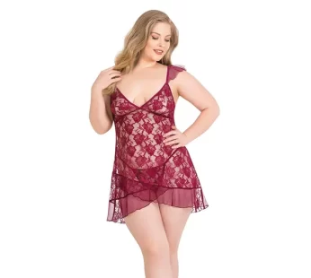 Primoda Büyük Beden Bordo Kısa Tül Gecelik 3035