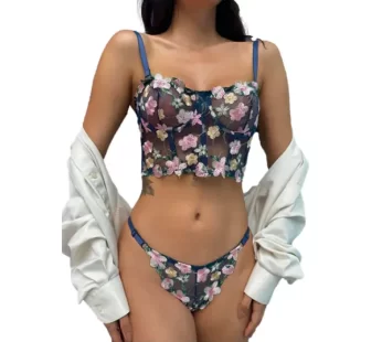 Cansoy Çiçek Desenli Kapsız Brode Büstiyer Takımı 684T