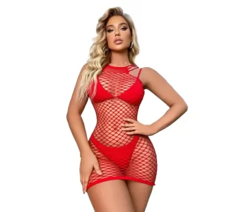 Vivaldy Kırmızı Fileli Elbise Fantezi Vücut Çorabı 4341