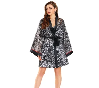 Jeremi Siyah Zebra Desenli İpek Saten İkili Gecelik Sabahlık Takım 3032