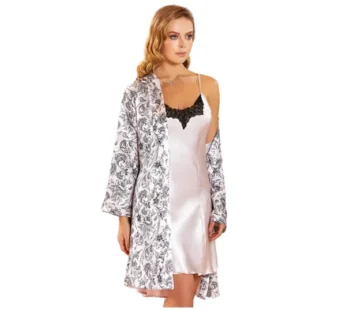 Jeremi Saten Desenli Pudra İkili Gecelik Sabahlık Takımı 3084