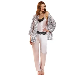 Jeremi Saten Desenli Pudra 3’lü Pijama Takımı 3085