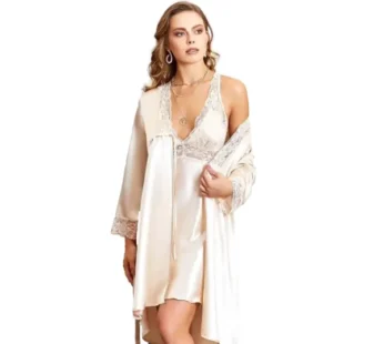 Jeremi Karamel Saten Dantelli İkili Gecelik Sabahlık Takımı 3117