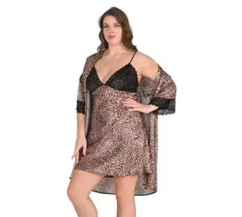 Ahu Battal Saten Büyük Beden Leopar Gecelik Sabahlık Takımı 6203