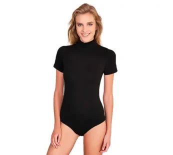 Berrak Kadın Siyah Yarım Boğaz Kısa Kollu Kancalı Body 2054 (3’lü Paket)